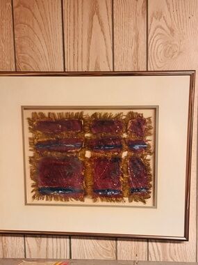 Framed Abstract Textile Wall Art in Maroon and Gold
